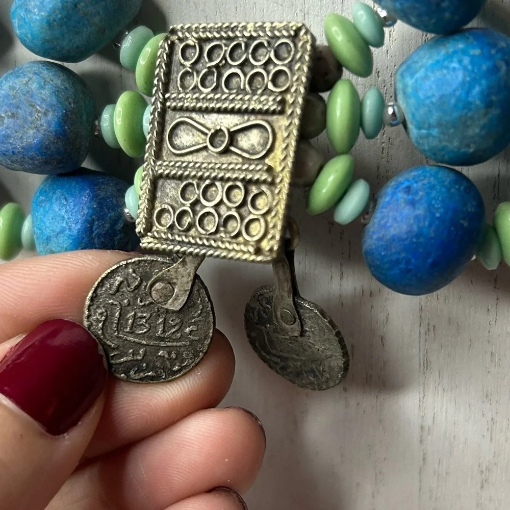 Vintage Boho Turquoise & Mint Chunky Layered Clay Bead & Coin Statement Necklace